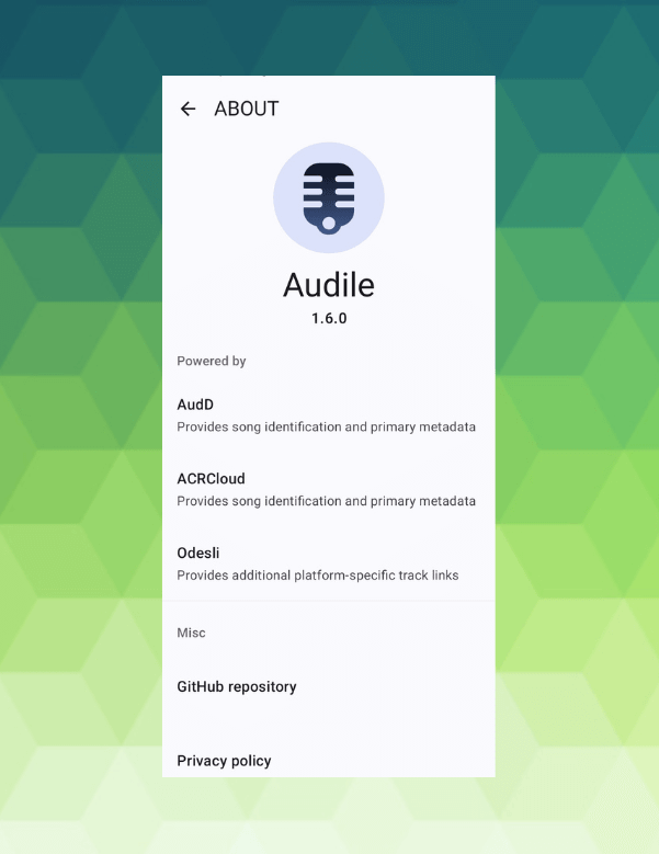 an illustration showing the about information of the audile app against a mixed green backdrop