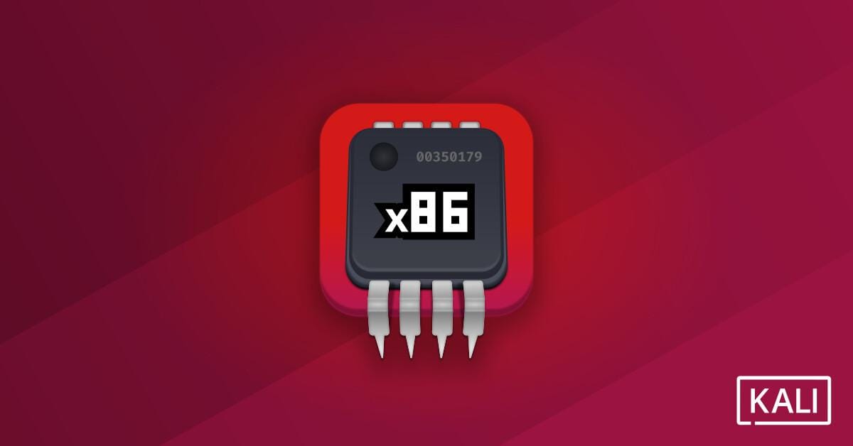 an illustration showing a microprocessor graphic with x86 written on it against a red backdrop and the kali linux logo towards the bottom right