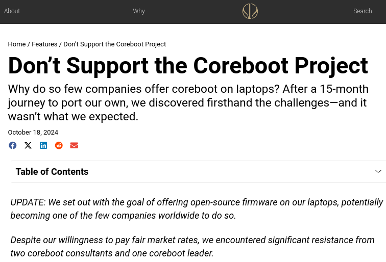 a screenshot of a blog on the official malibal website titled don't support the coreboot project