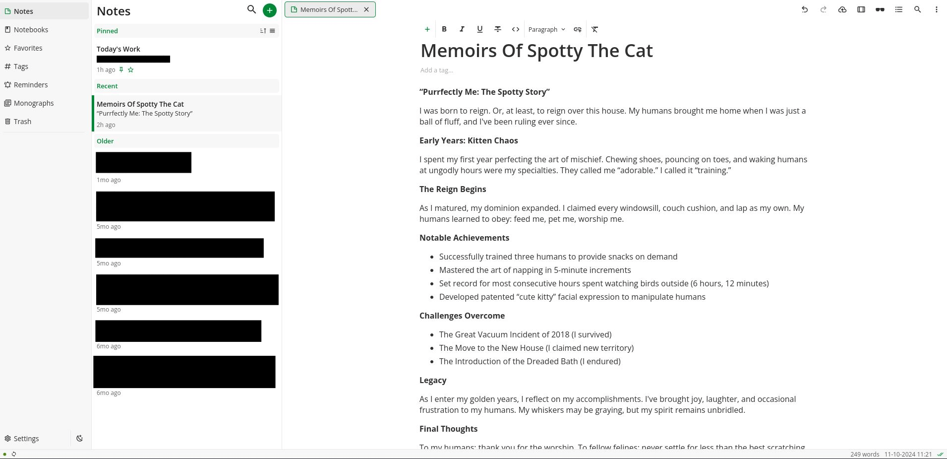 a screenshot of notesnook with a note open it is called memoirs of spotty the cat