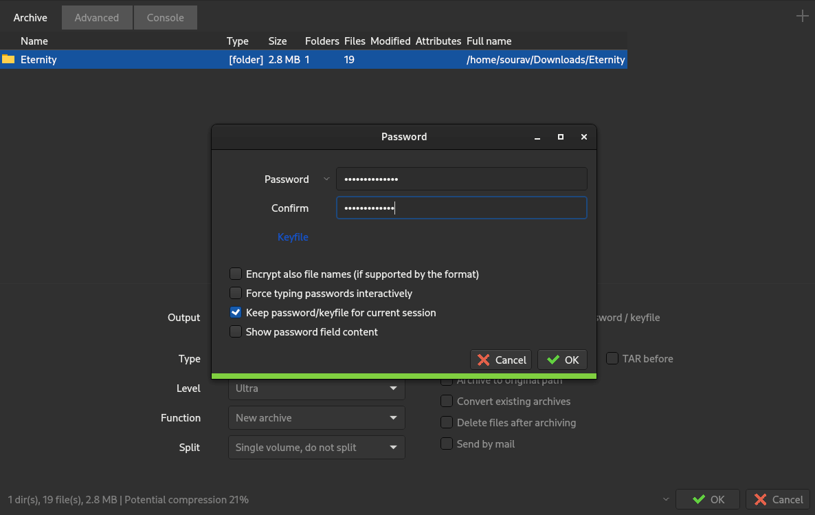 a screenshot of peazip password protection feature for archived files