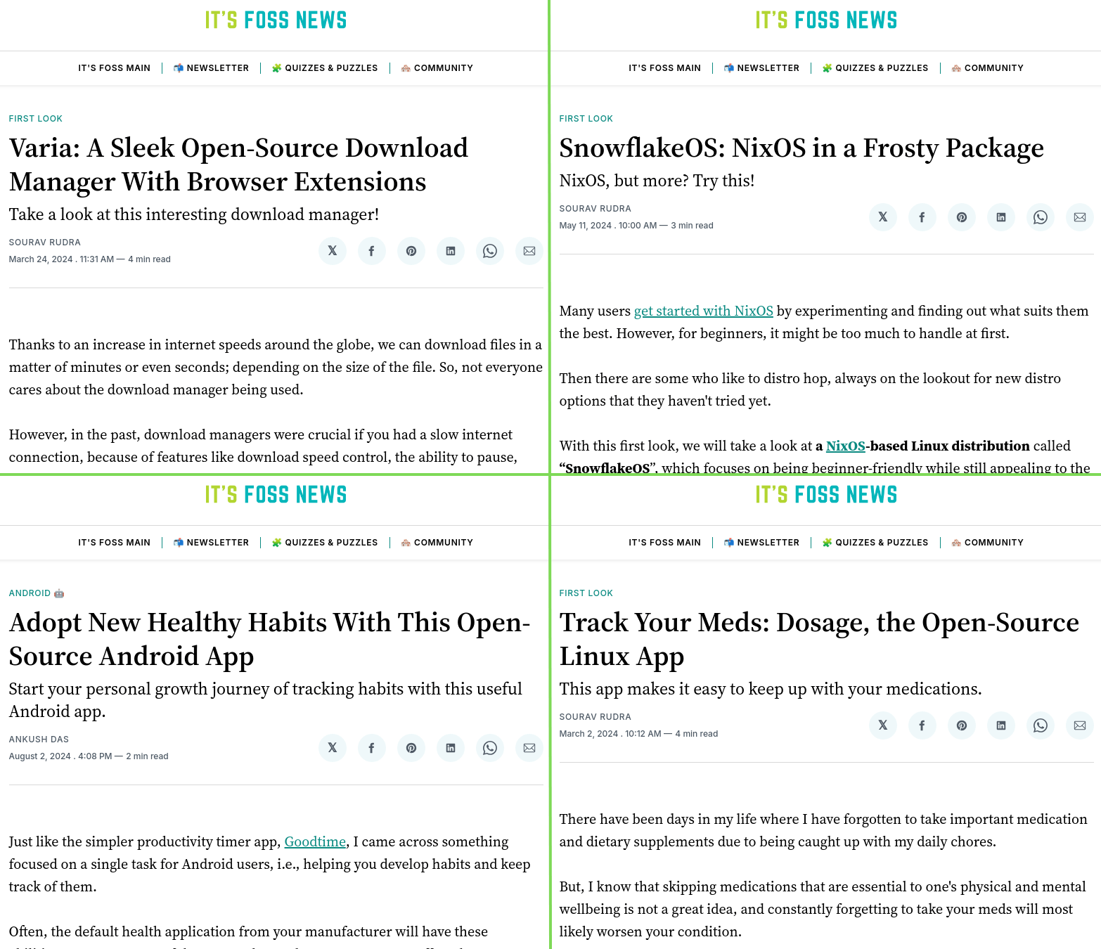 a screenshot showing various it's foss news articles covering open source projects such as varia snowflakeos table habit and dosage