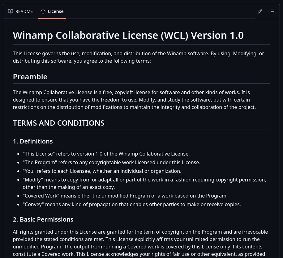 a screenshot of the winamp collaborative license version 1.0