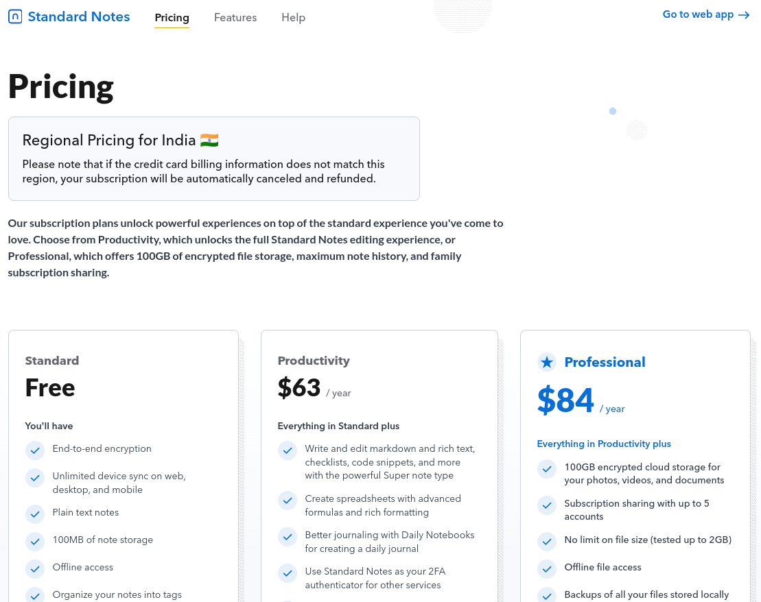 a screenshot of the pricing page for standard notes