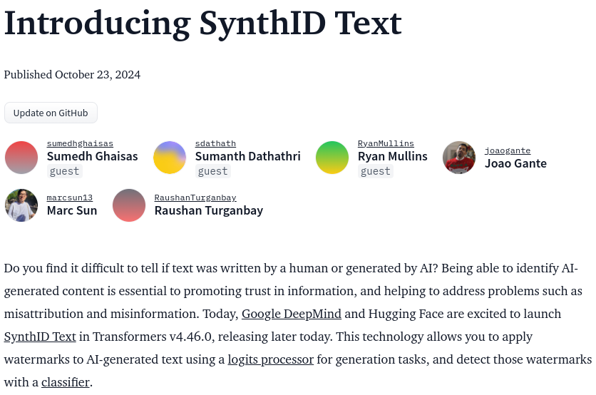 a screenshot of a blog on hugging face titled introducing synthid text