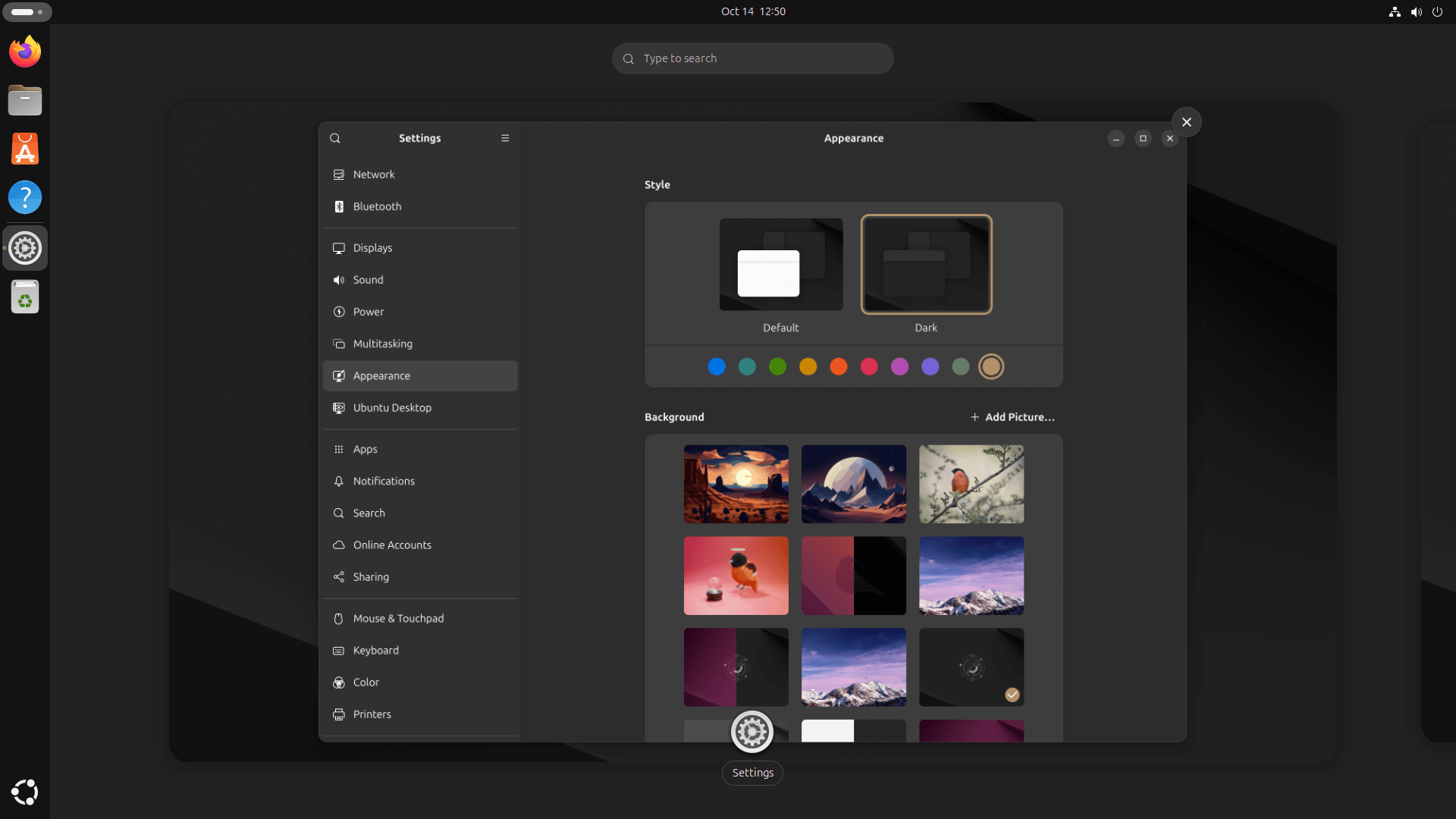 a screenshot of ubuntu 24.10 apperance menu with new wallpapers and color accents