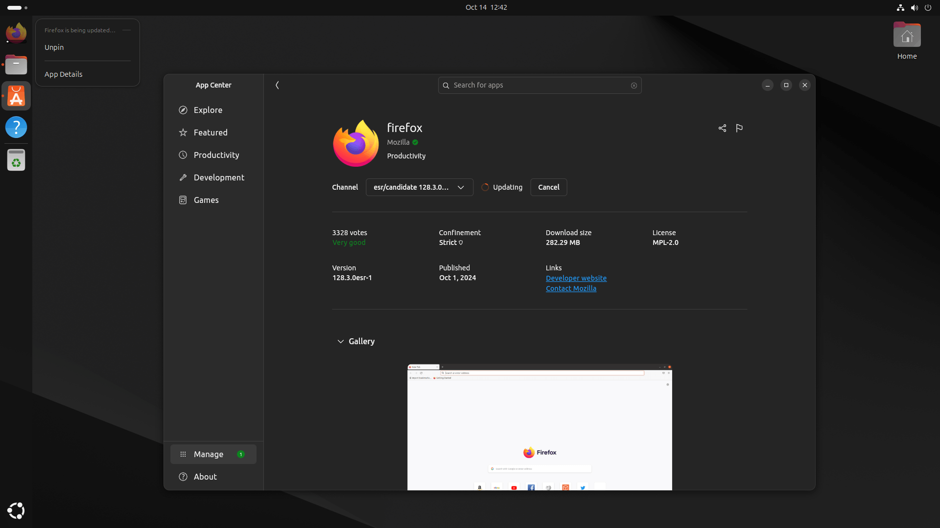 a screenshot of ubuntu 24.10 dock tweaks with app center updating the firefox app