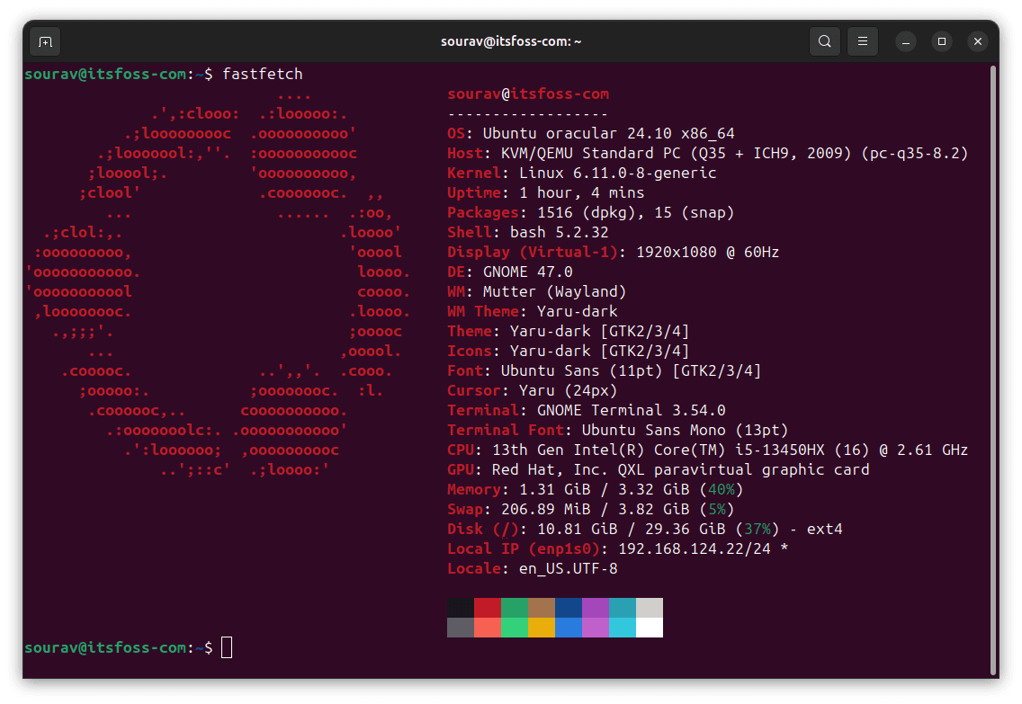 a screenshot of ubuntu 24.10 fastfetch output