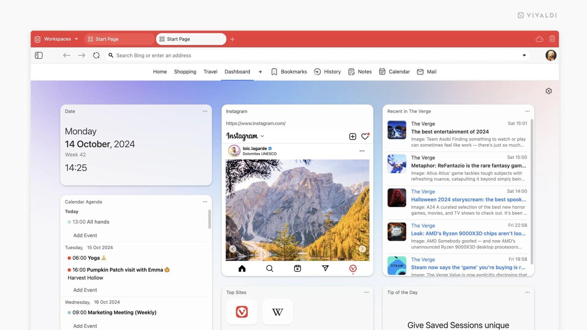 a screenshot of vivaldi 7.0 new dashboard feature