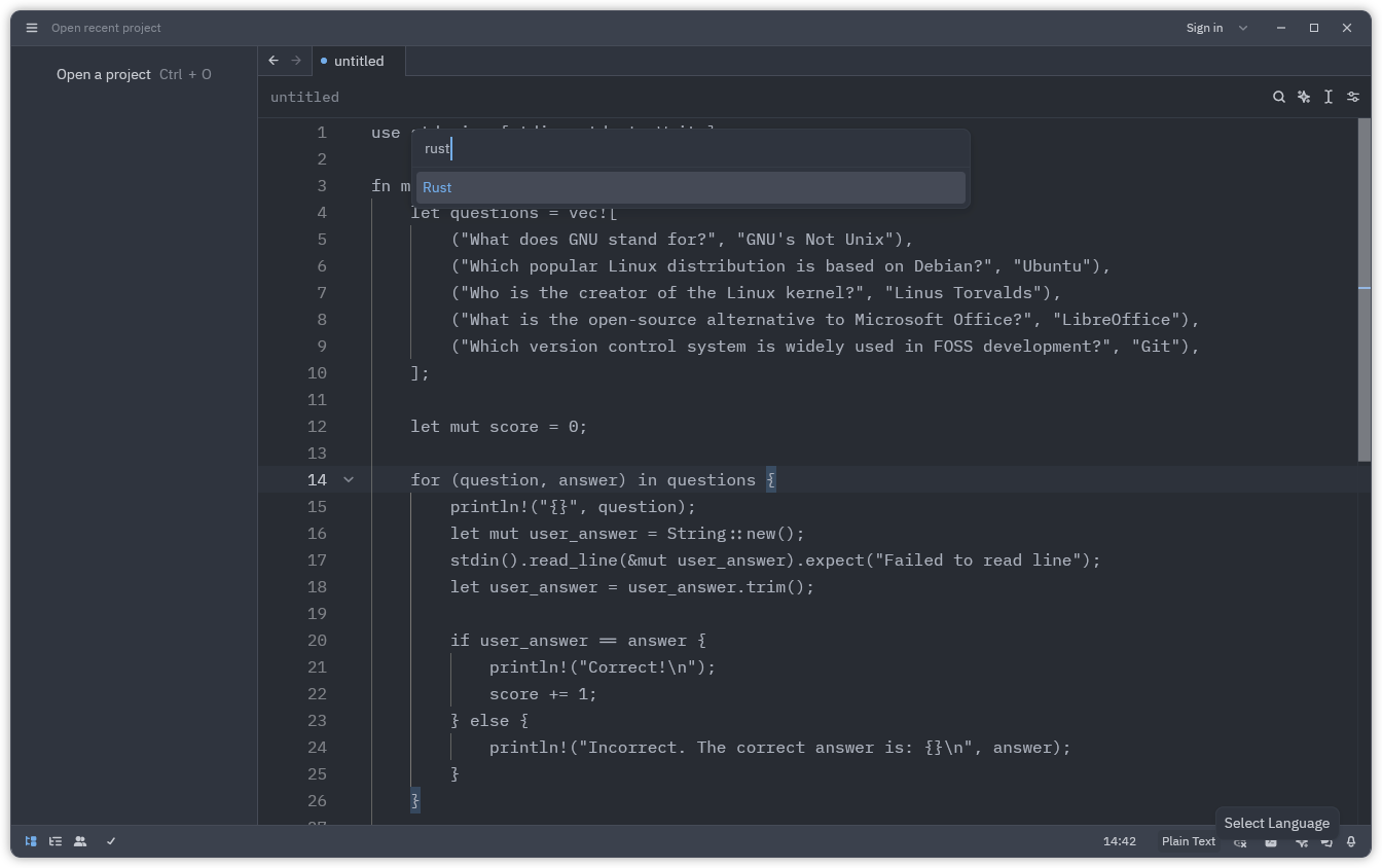 a screenshot of zed editor language selection functionality