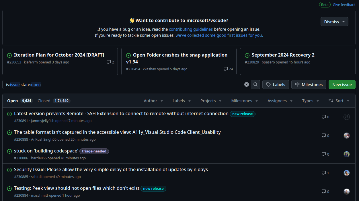 a screenshot of github issues