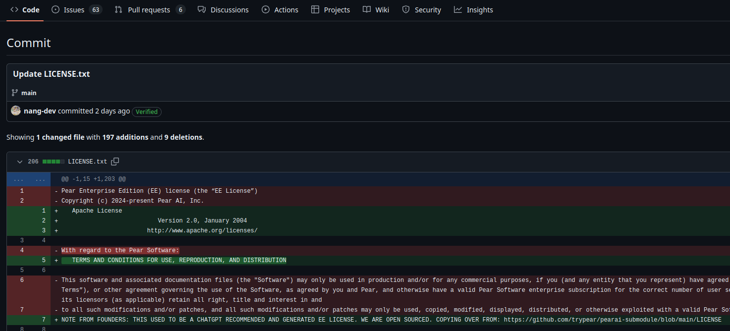 Commit history of PearAI for updating the non-open-source license