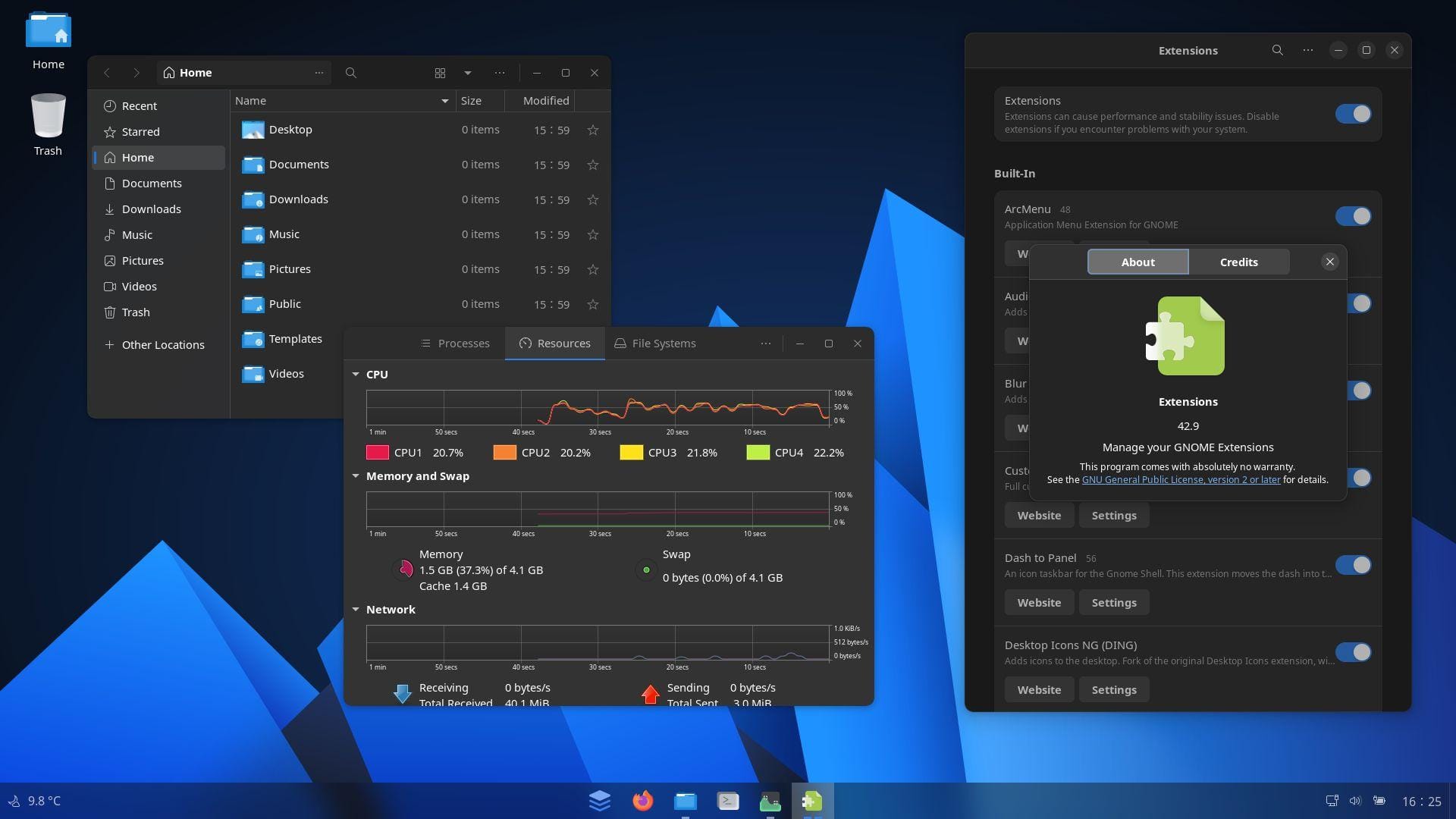 a screenshot of anduinos with the file manager, system monitor, and gnome extensions applications open