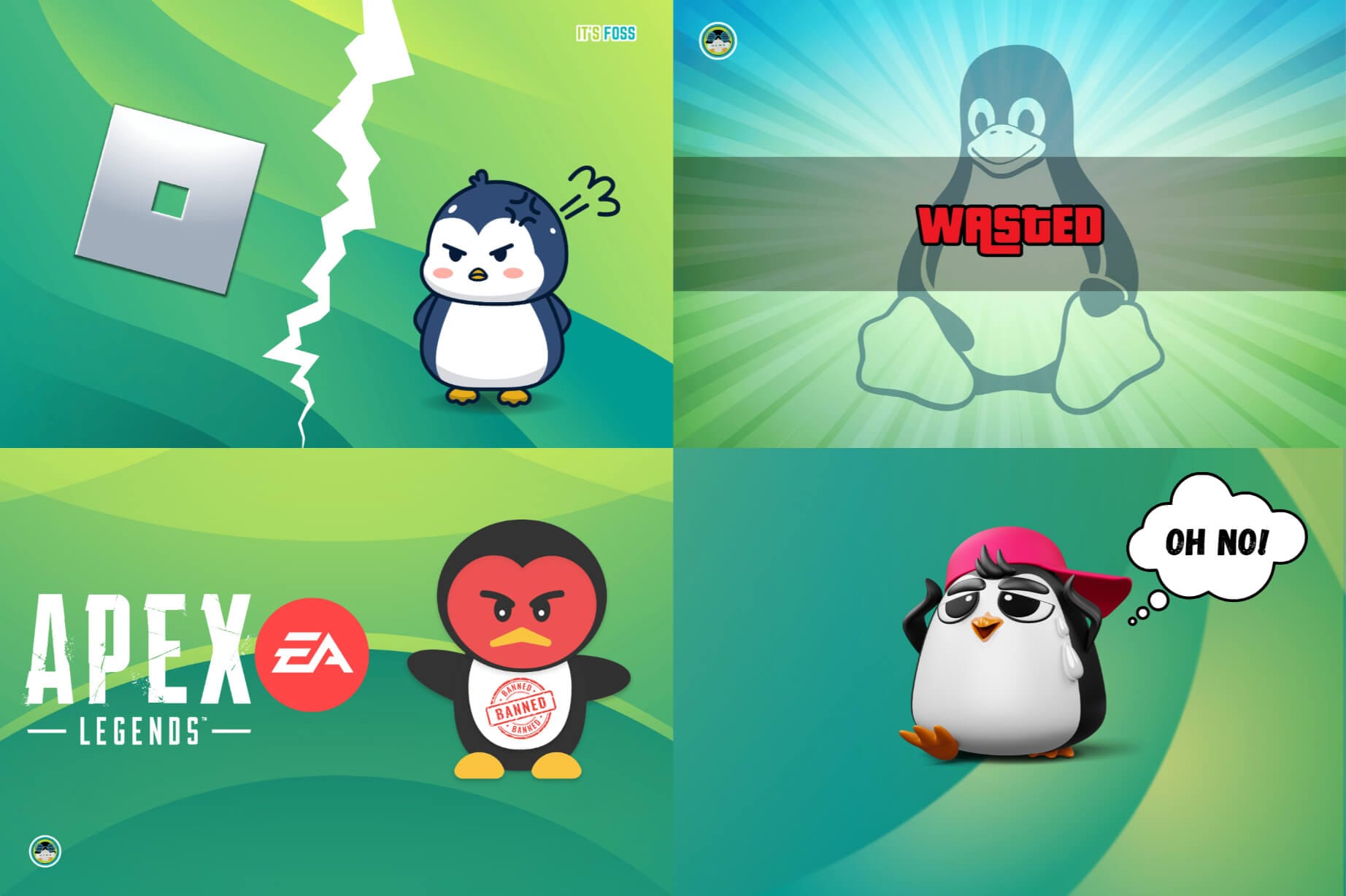 an illustration showing four distinct images, one has the roblox logo and a penguin (tux) with a crack in the middle, the second has tux with wasted written over it, the third has the logo for apex legends, ea, with tux looking angry, and the fourth one has a worried tux, with a speech bubble that says oh no!, in all of these images, there are abstract mixed green backgrounds