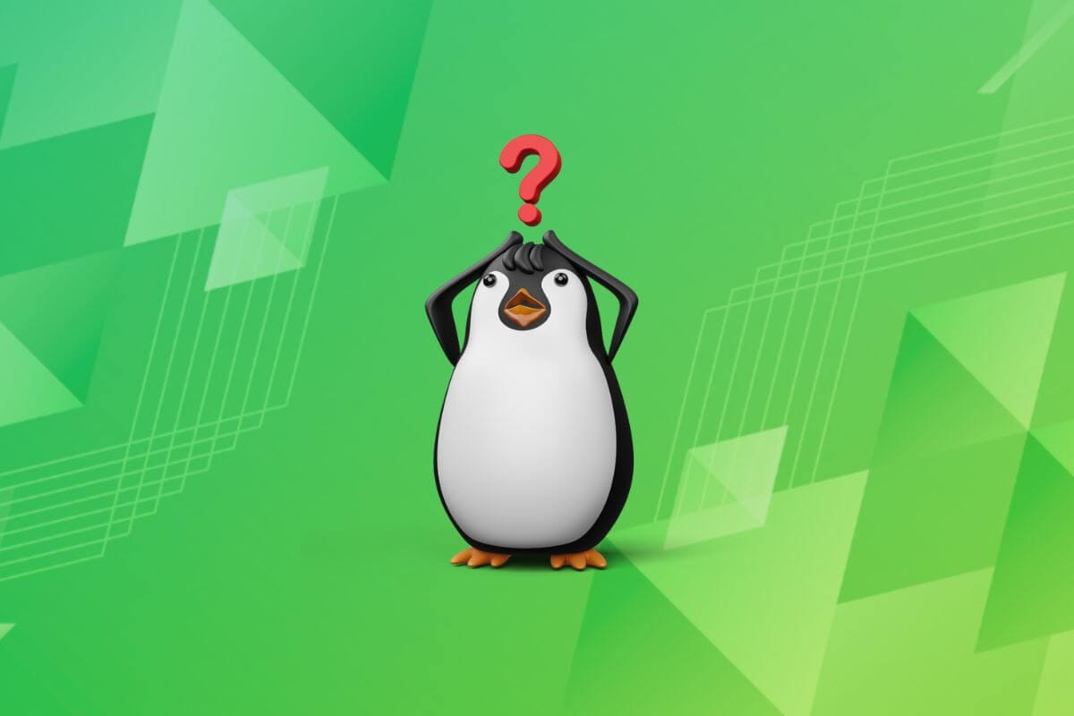 an illustration showing a penguin (tux) with a question mark over its head against a mixed green abstract background