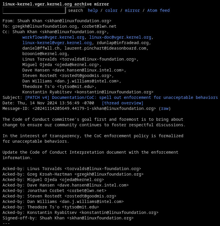 a screenshot of the formalized coc enforcement policy for linux kernel being announced on lore.kernel.org