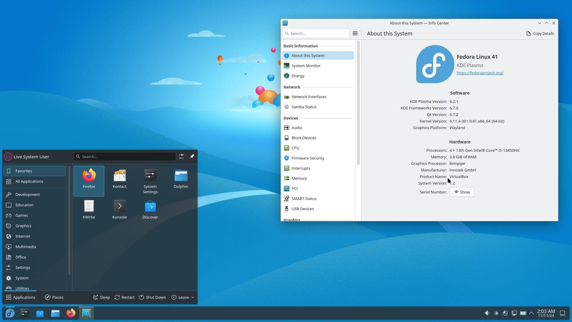 a screenshot of the fedora 41 kde plasma spin