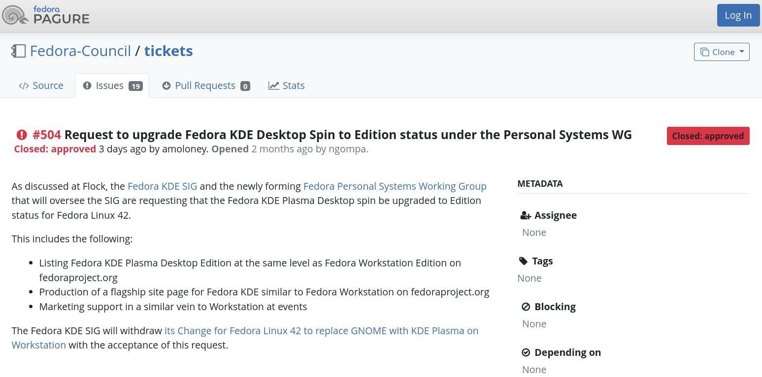 a screenshot of the fedora pagure page that shows a approved decision of fedora kde spin being upgraded into an edition