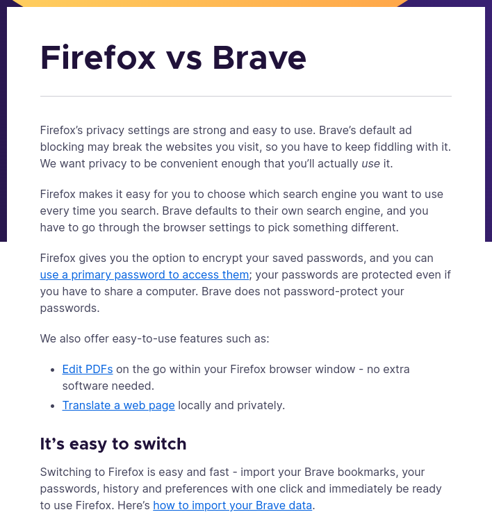 a screenshot of the firefox vs brave article on the mozilla website