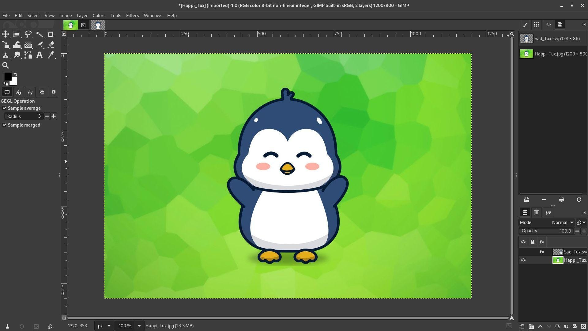 a screenshot of gimp 3.0 with a mixed green image open that has a happy looking penguin named tux