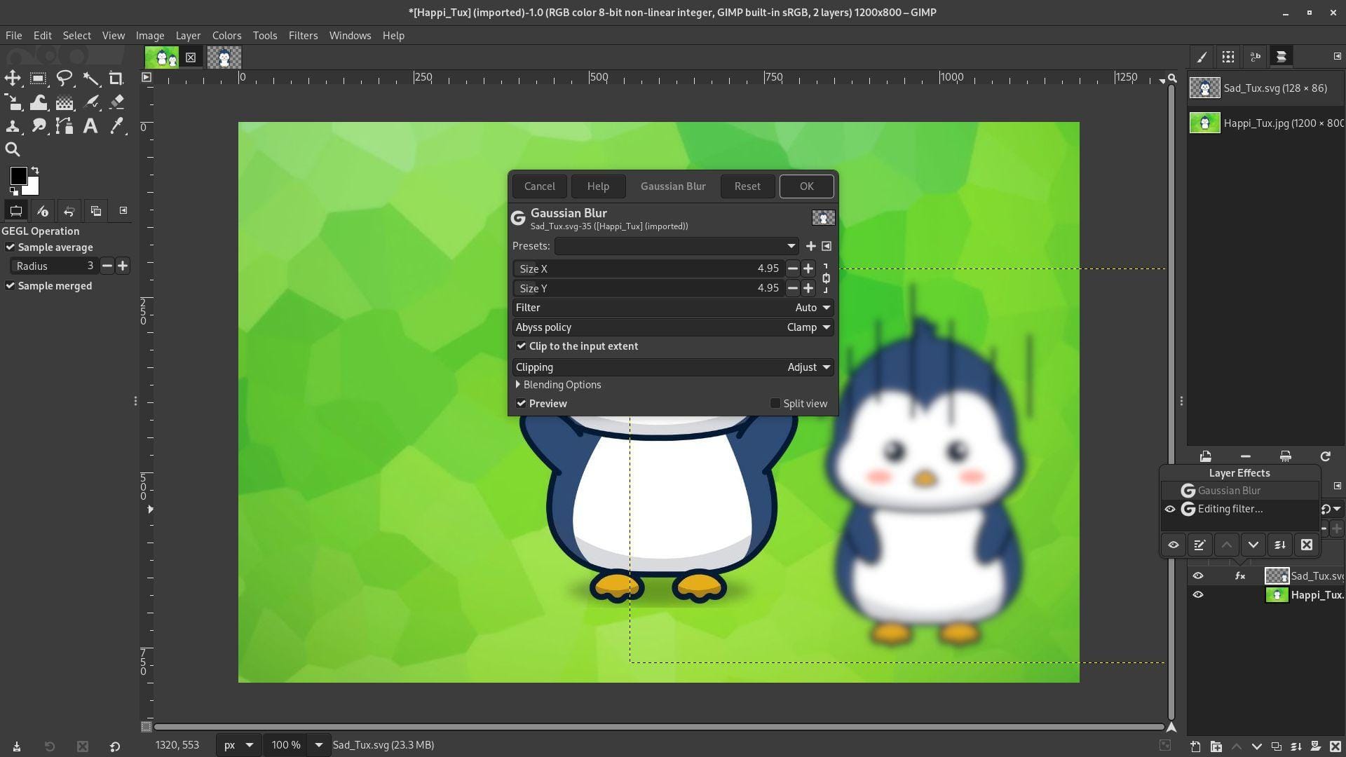 a screenshot of gimp 3.0 with the gaussian blur filter dialog open, and a sad looking penguin in the background