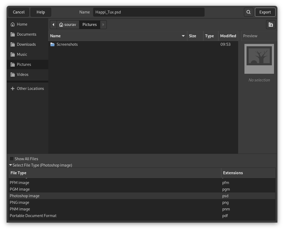 a screenshot of gimp 3.0 file export feature with the photoshop image (psd) file extension selected