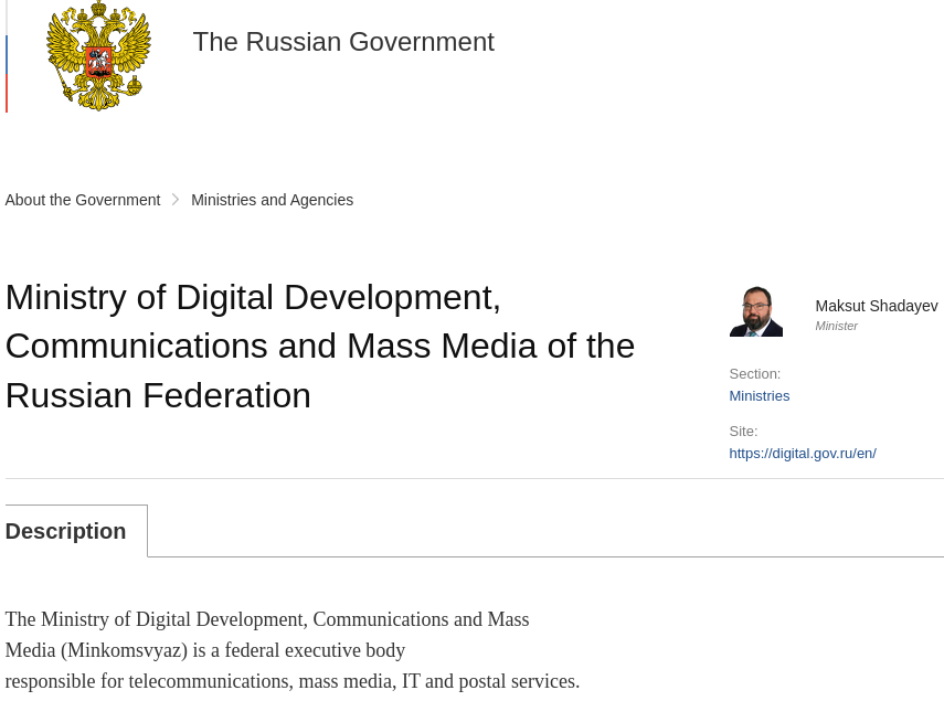 a screenshot of the russia's ministry of development page with details about it and the minister for it