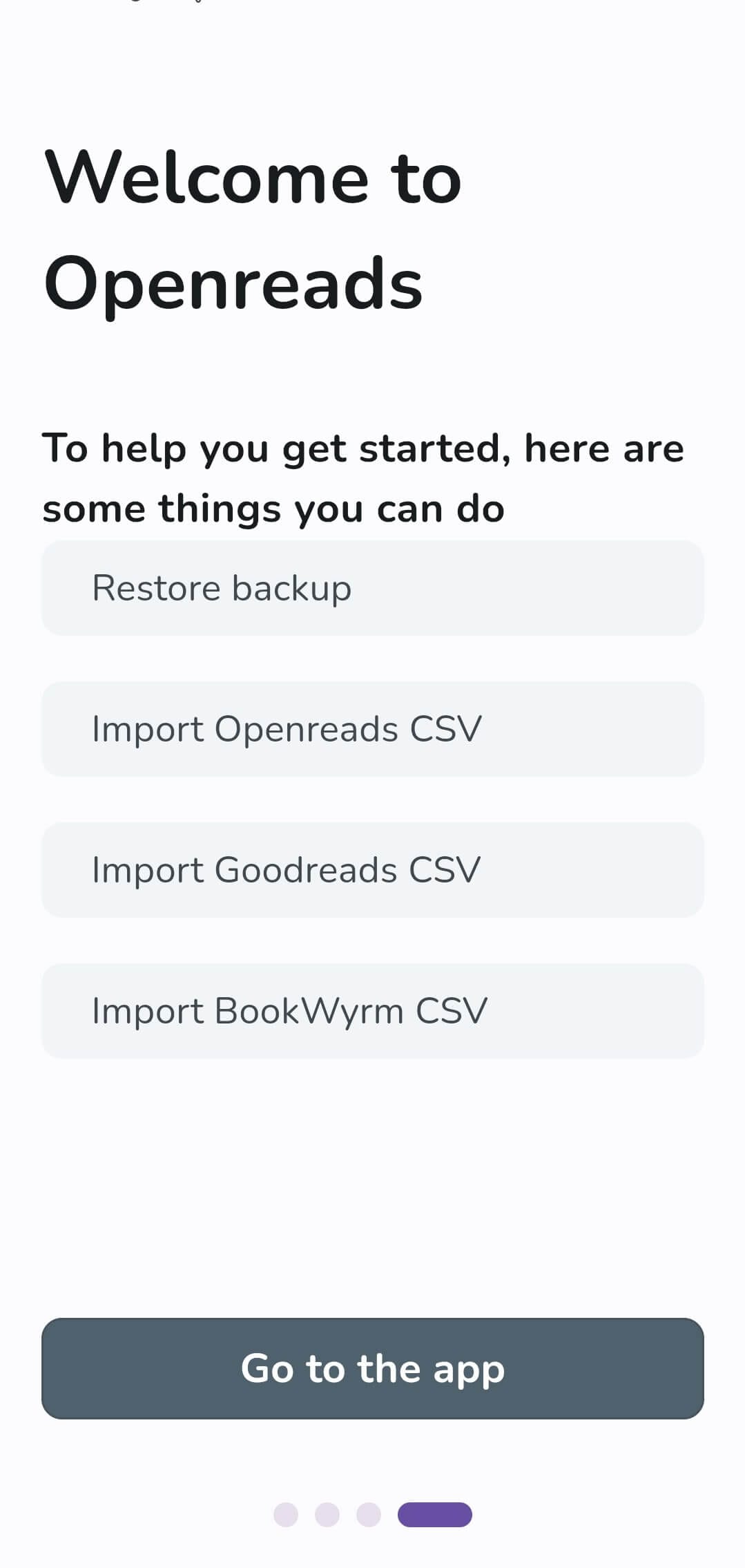 a screenshot of openreads welcome page data import functionality