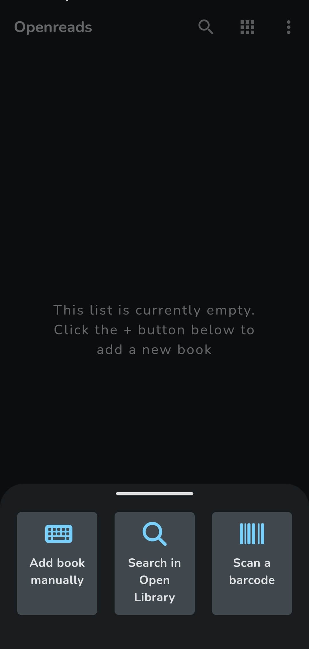 a screenshot of openreads add new book function with three options