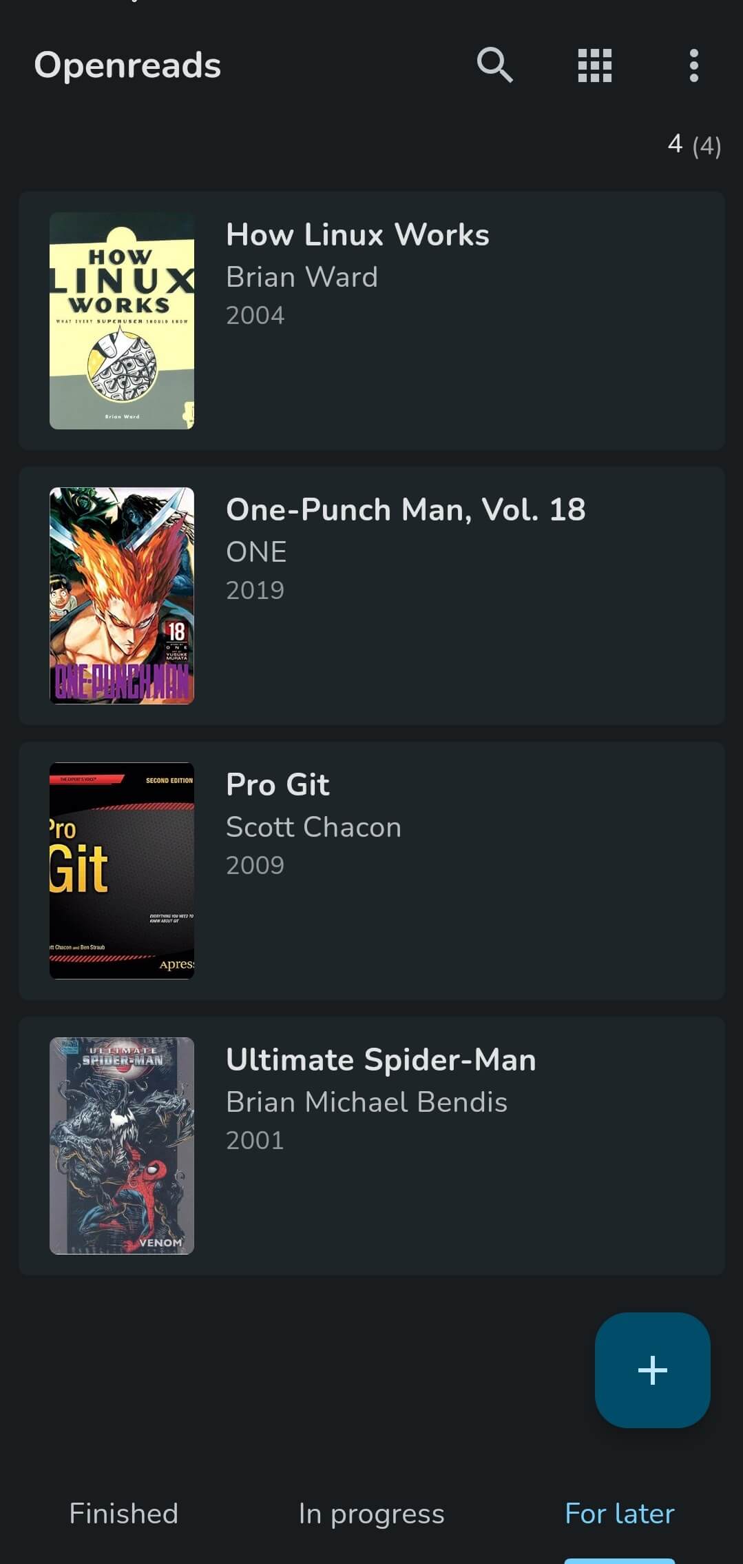 a screenshot of openreads with many books in the for later list the books are how linux works, one punch man vol 18, pro git, and ultimate spider man