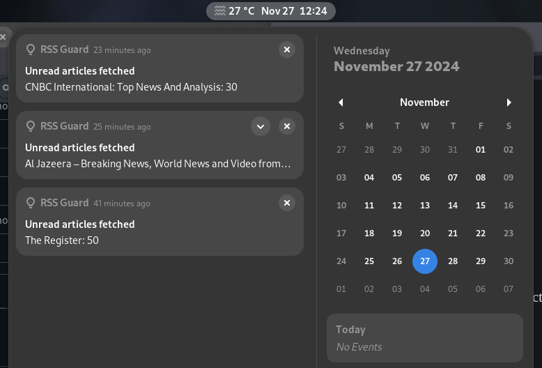 a screenshot of rss guard showing notifications on gnome 46