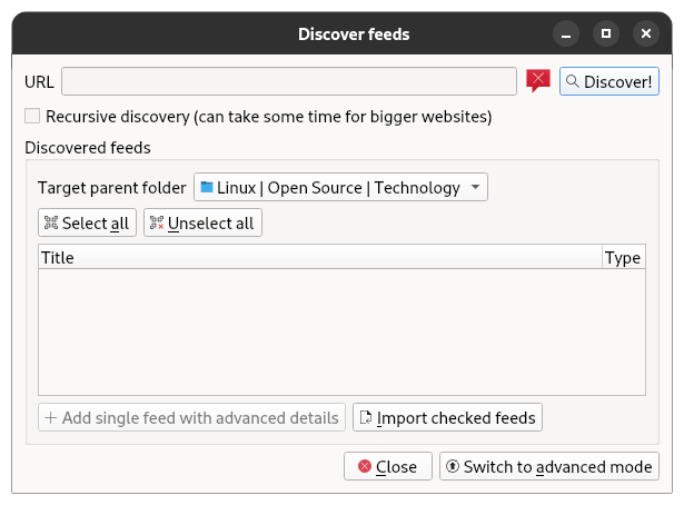 a screenshot of rss guard basic new feed creation process