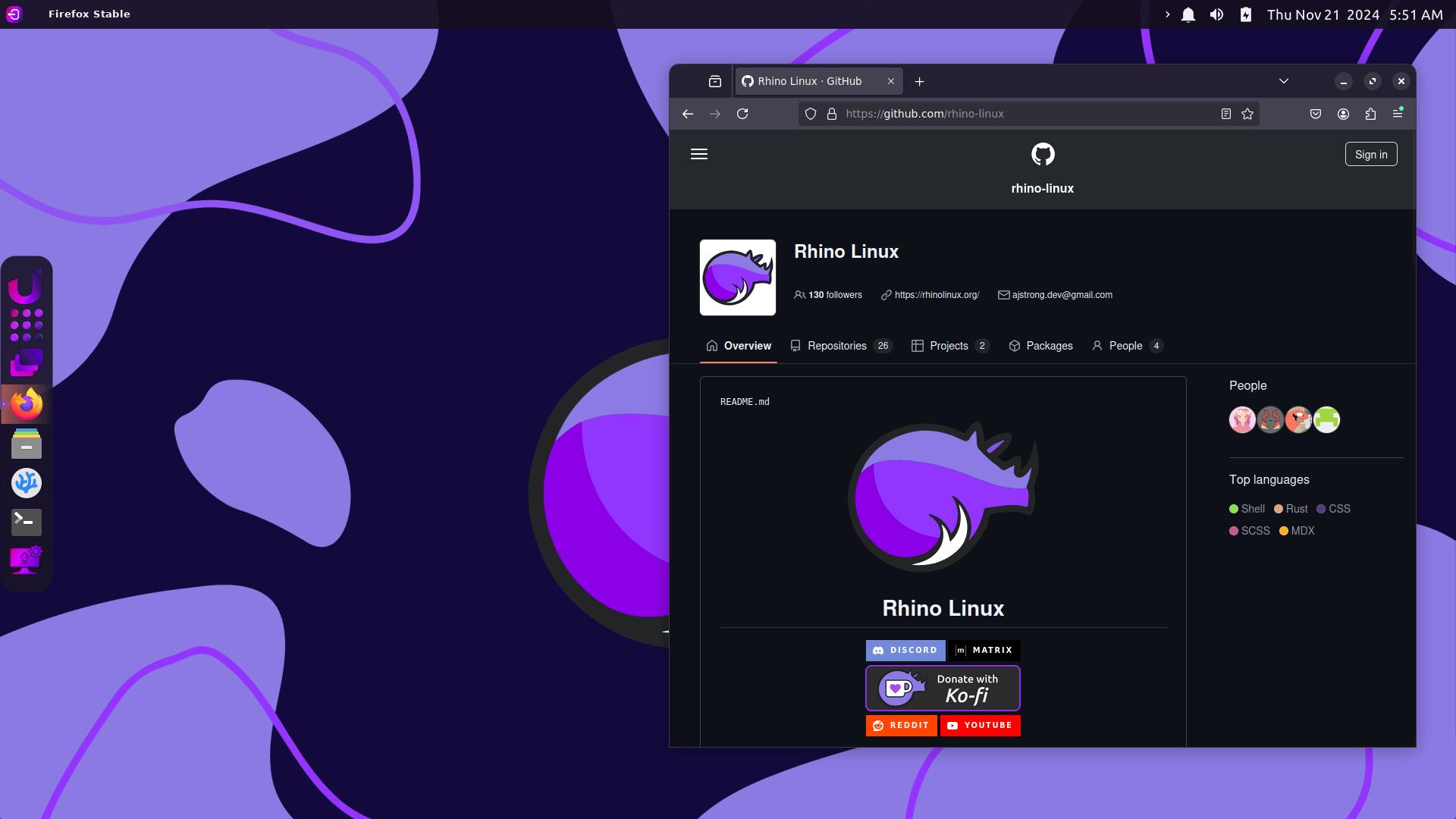 a screenshot of rhino linux 2024.2 with firefox showing the github repo for rhino linux