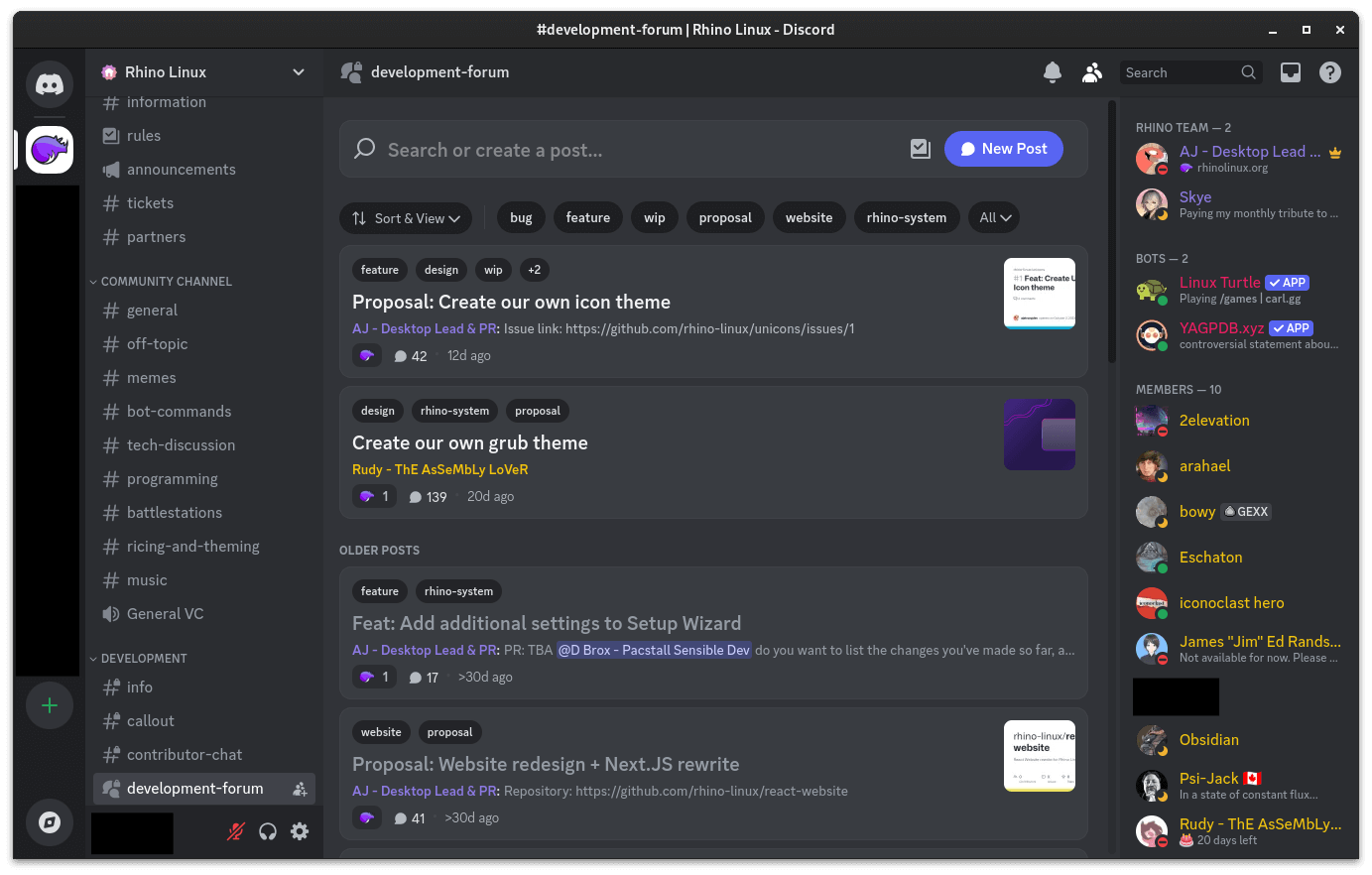 a screenshot of the rhino linux discord server with the development forum channel open