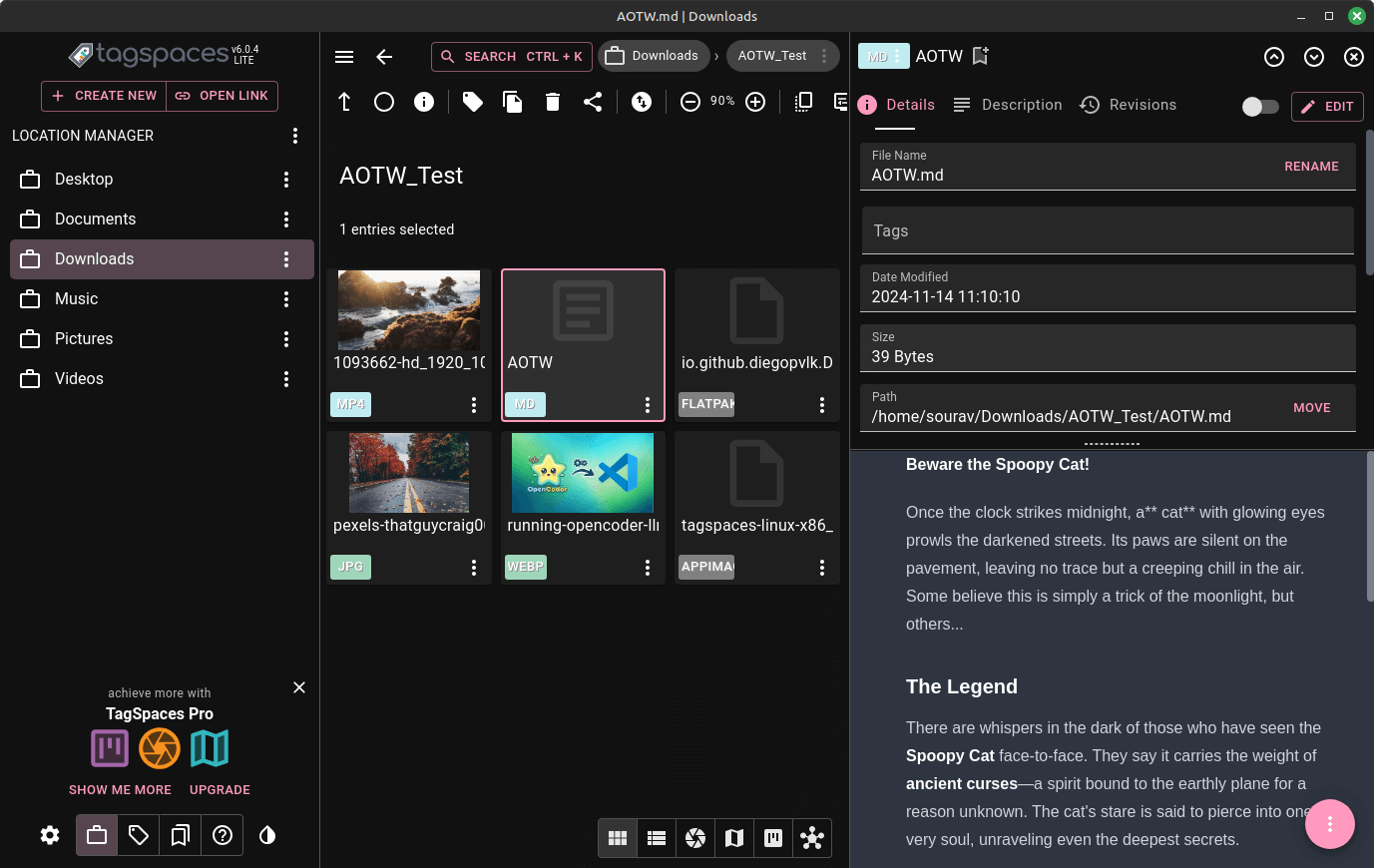 a screenshot of tagspaces file description feature with a note open