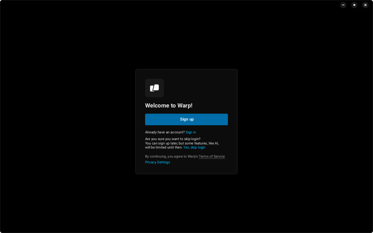 a screenshot of warp terminal skip login confirmation dialog
