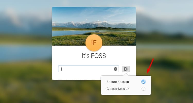 elementary os secure session selection screen in the log in screen