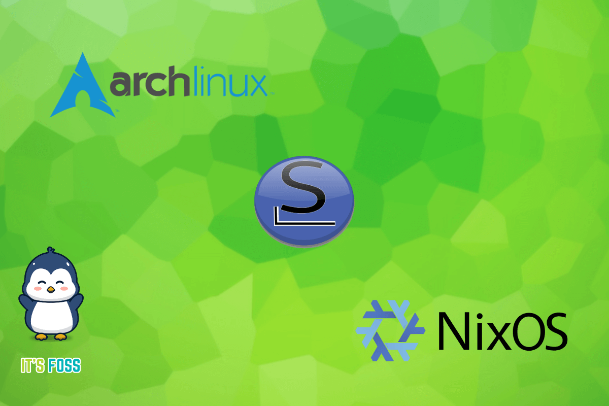 an illustration that shows the logos for arch linux, slackware, nixos, and it's foss with a happy looking tux and a mixed mosaic green background