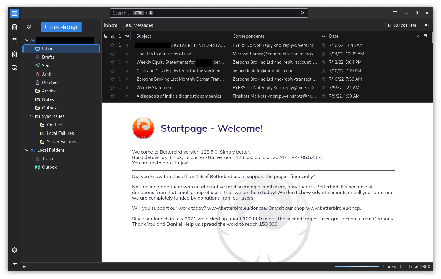 a screenshot of betterbird with the startpage welcome popup being shown