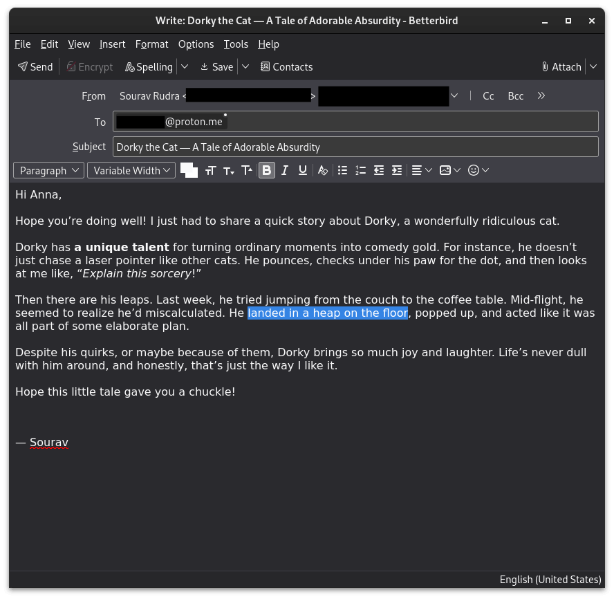 a screenshot of betterbird email composer in action drafting a humorous tale of dorky the cat