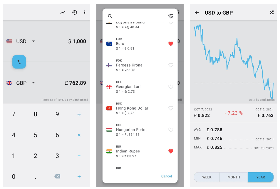 three horizontally-arranged screenshots of currencies app on android