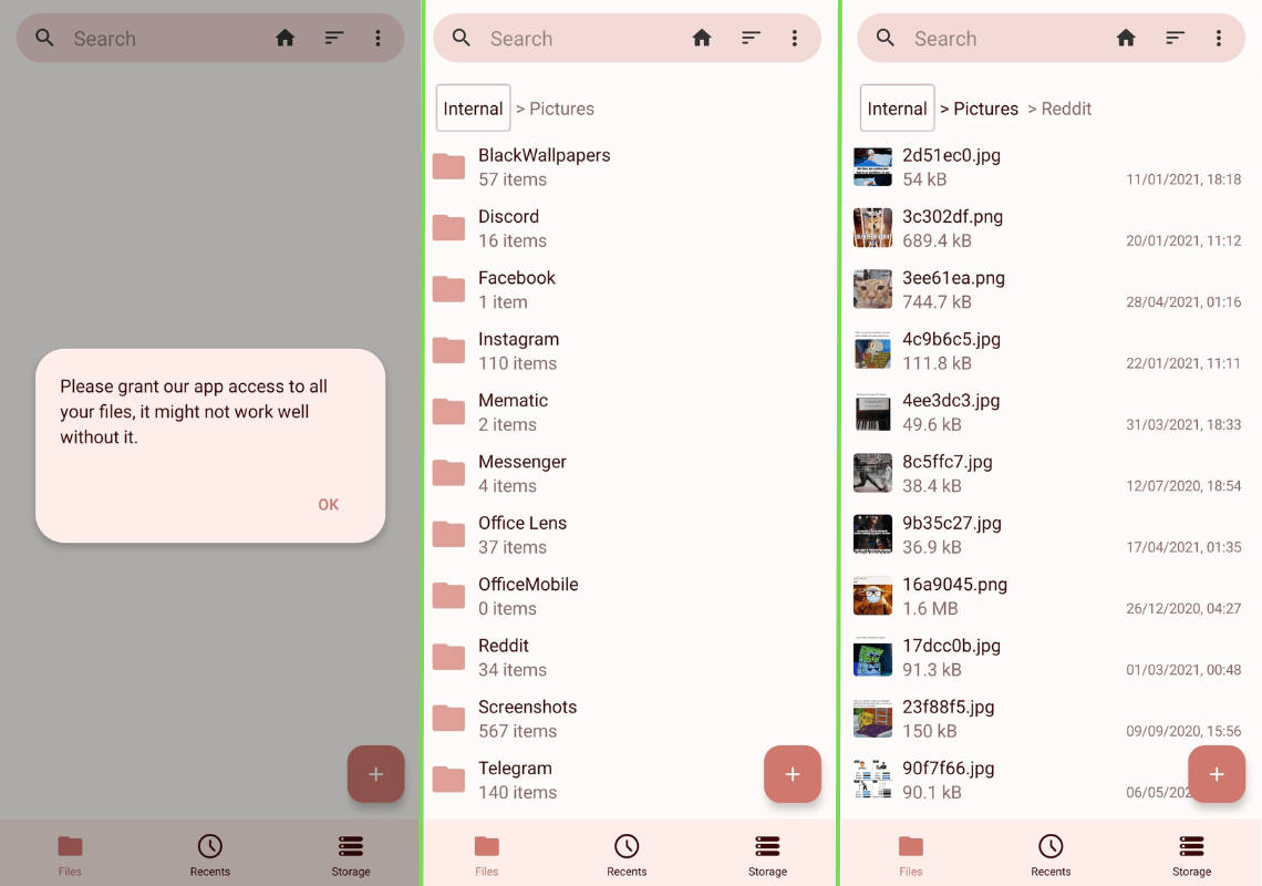 there are three horizontally arranged screenshots of fossify file manager that show the initial permission request for file access, a list of folders under a folder named pictures, and a list of .jpg images inside a folder called reddit