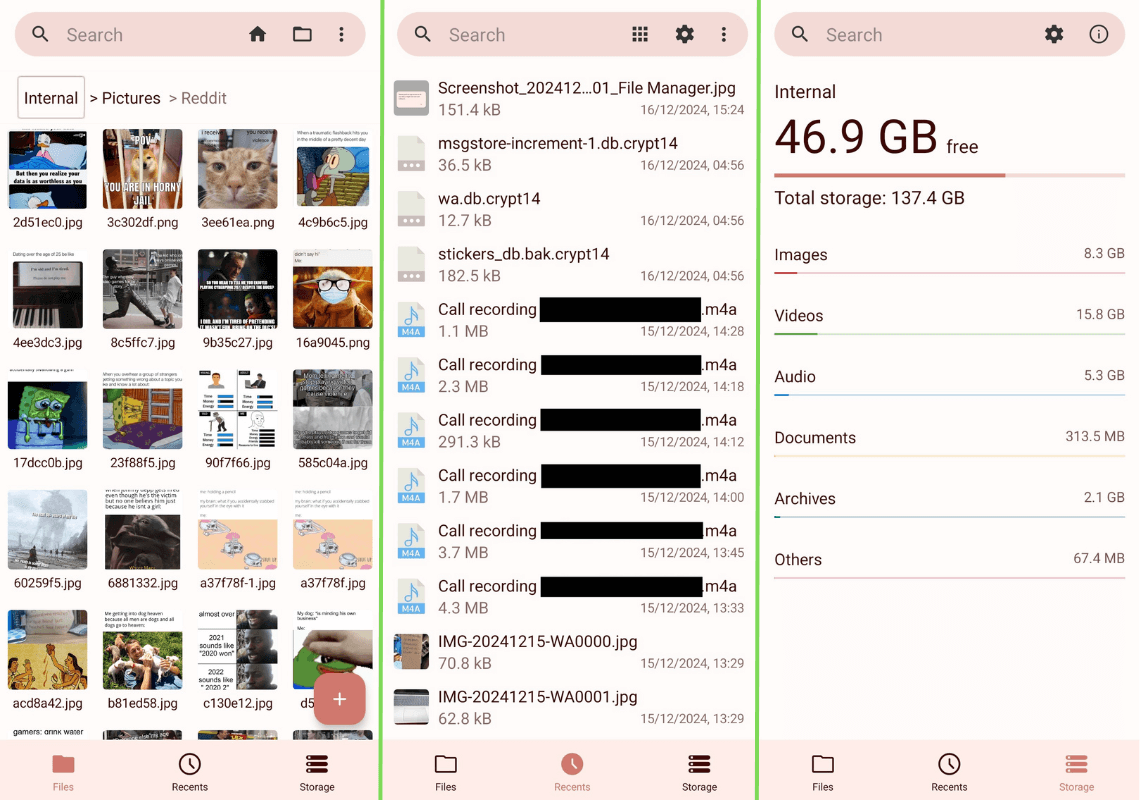 there are three horizontally arranged screenshots of fossify file manager that show many .jpg images in a grid view, a recents page that shows a list of .jpg and .m4a files, and the storage tab that shows how much storage space is remaining (46.9 gb out of 137.4 gb)