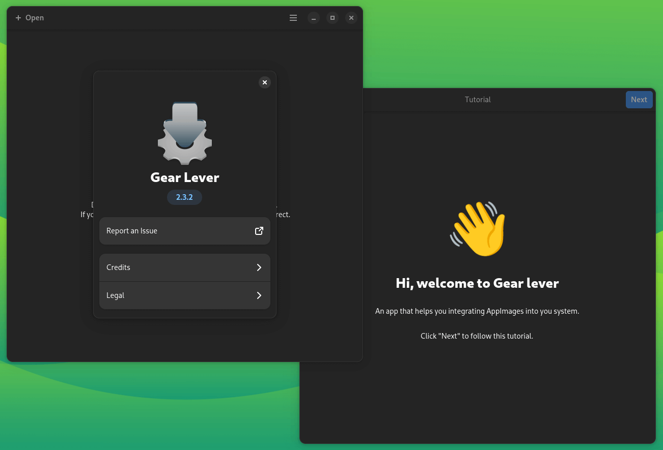 a screenshot of gear lever with the welcome tutorial window open