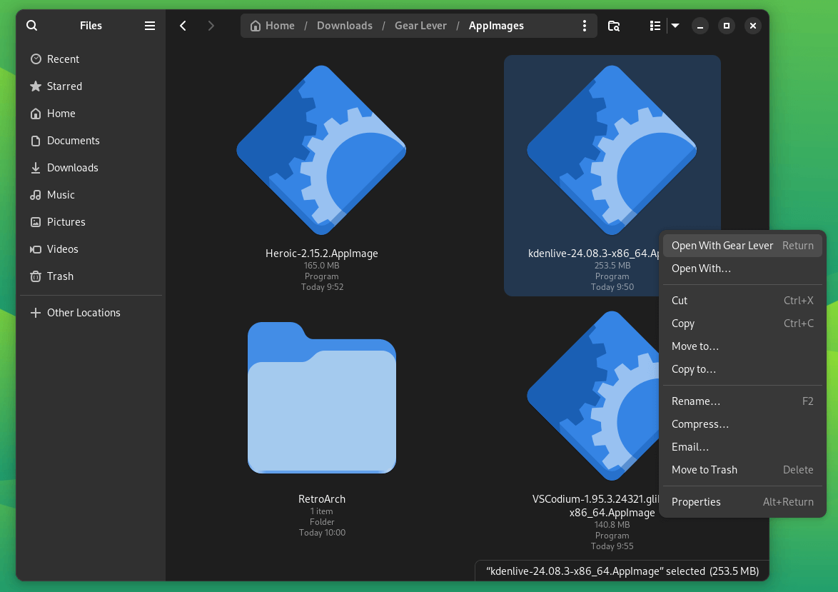 a screenshot of the open with gear lever option in nautilus file manager for an appimage file of kdenlive 24.08.3