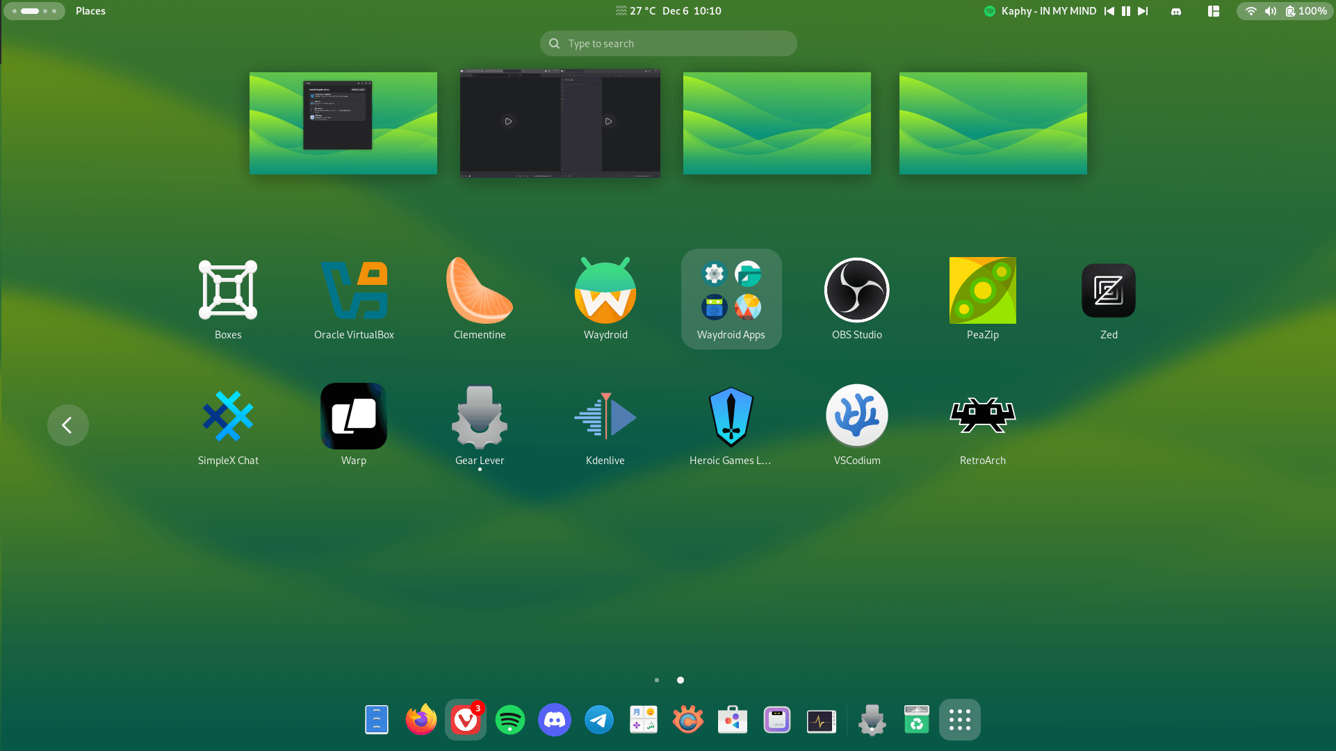 a screenshot of the app shortcuts created by gear lever on a gnome 46 system, the apps are kdenlive, heroic games launcher, vscodium, and retroarch