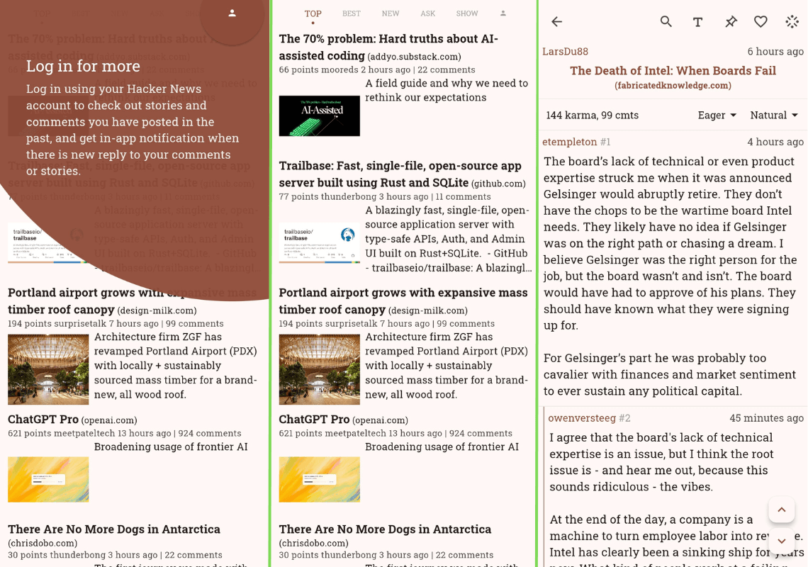 three horizontally-arranged screenshots of hacki app on android