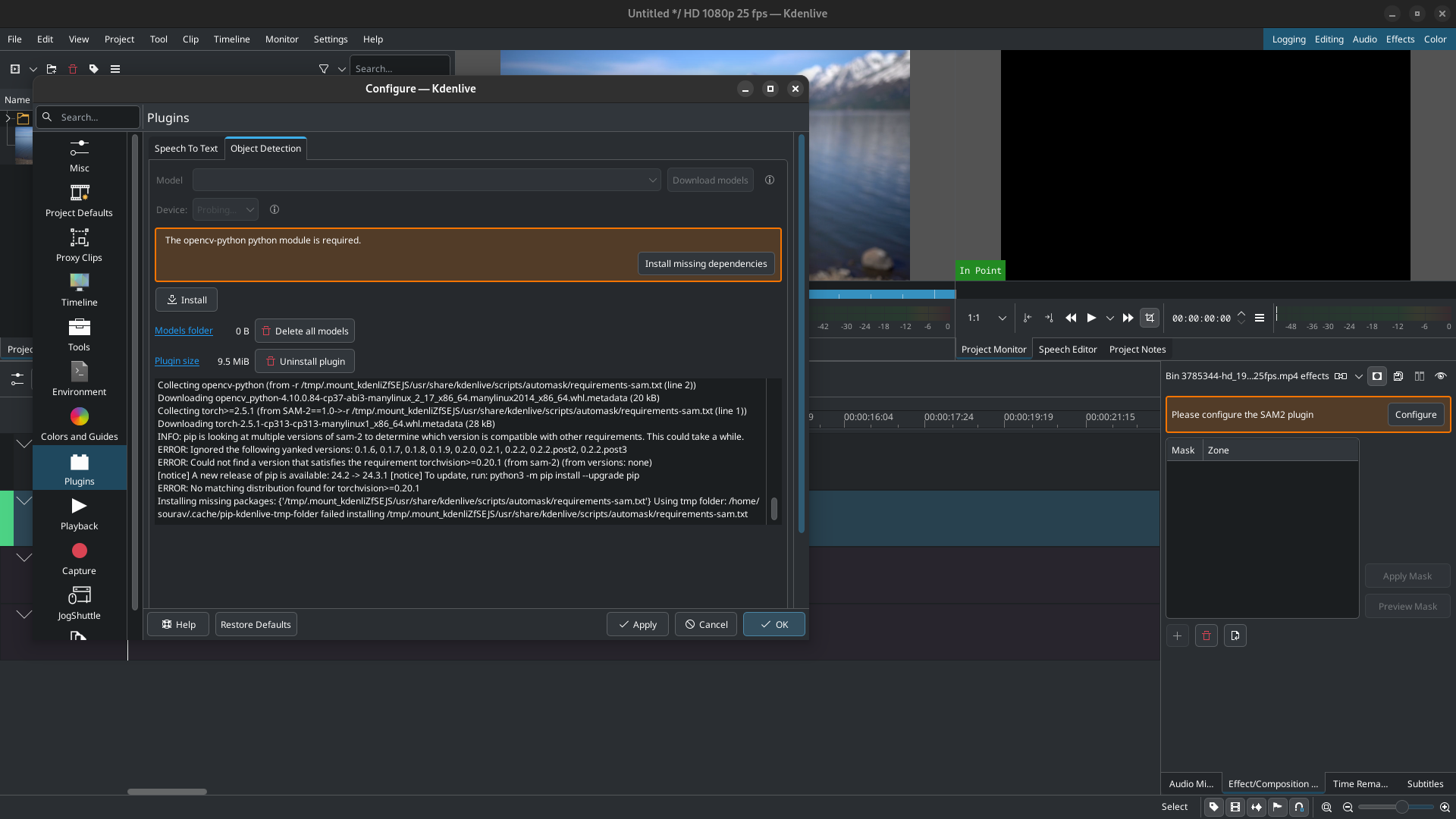 a screenshot of kdenlive 25.04 alpha background removal tool setup dialog