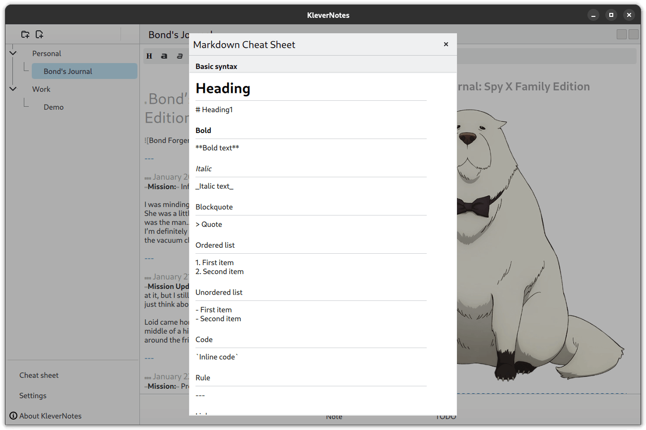 a screenshot of klevernotes markdown cheat sheet showing many helpful markdown shortcuts