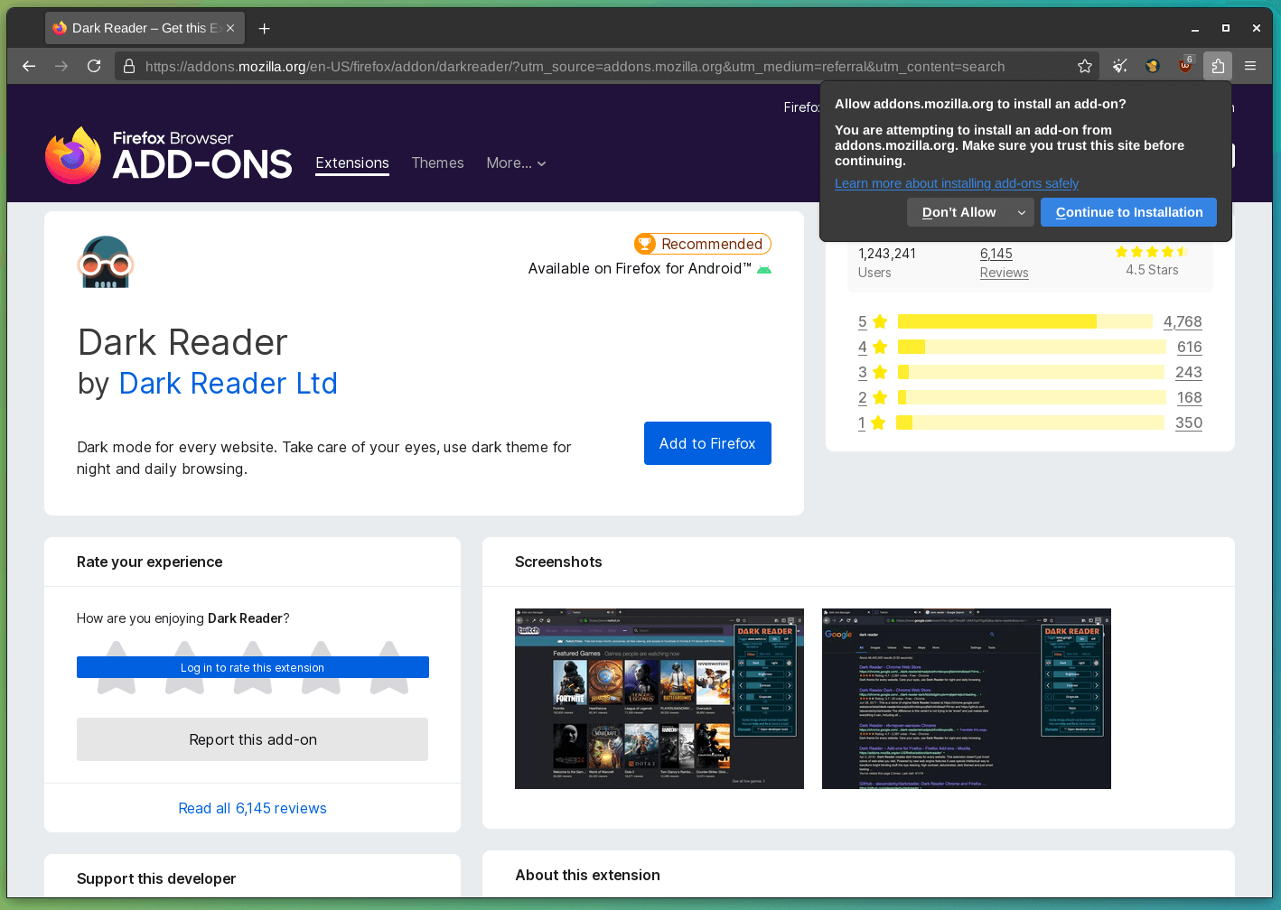 a screenshot of mullvad browser that shows how to install a new extension from addons.mozilla.org